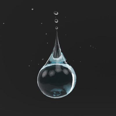 Drop of water close-up on a black background. Copy space. 3d rendering.